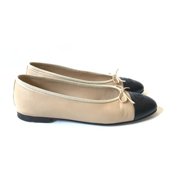 Chanel Cap Toe Ballet Flats Womens 42 11 Black Beige Nude Leather CC Logo Shoes - Picture 5 of 13
